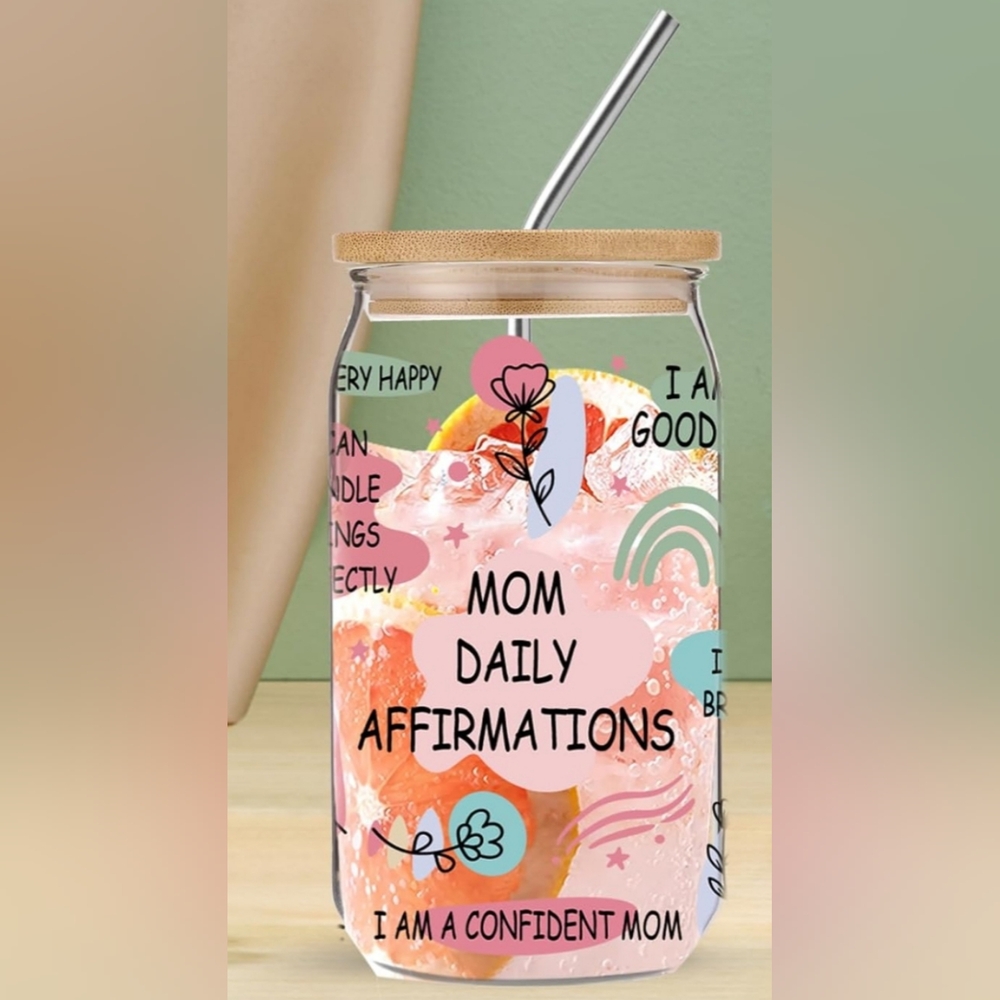 "Mom Daily Affirmation" Glass Jar with Bamboo Lid and Affirmations - Picture 2 of 4